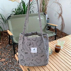 Bear Pattern Tote Bag Corduroy Shoulder Bag Large Handbag