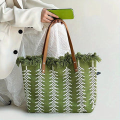 Linen Tote Satchel Bag for Work with Tassel Decor
