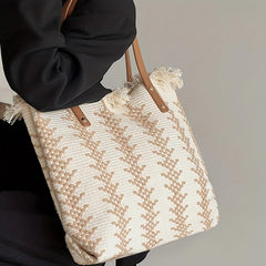 Linen Tote Satchel Bag for Work with Tassel Decor