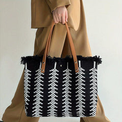 Linen Tote Satchel Bag for Work with Tassel Decor