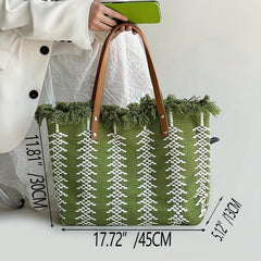 Linen Tote Satchel Bag for Work with Tassel Decor