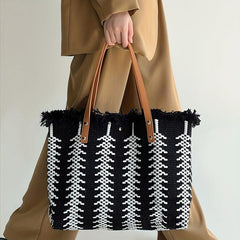 Linen Tote Satchel Bag for Work with Tassel Decor
