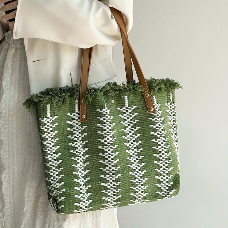 Linen Tote Satchel Bag for Work with Tassel Decor