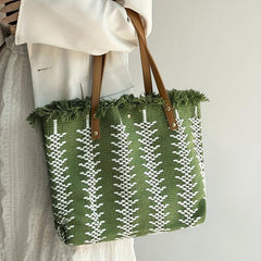 Linen Tote Satchel Bag for Work with Tassel Decor