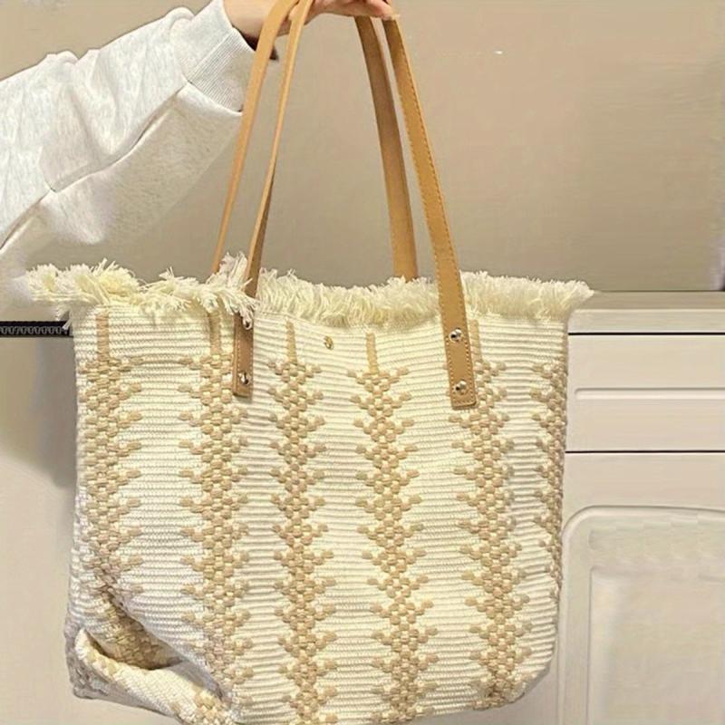 Linen Tote Satchel Bag for Work with Tassel Decor