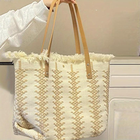 Linen Tote Satchel Bag for Work with Tassel Decor