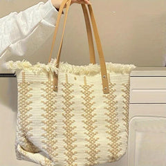 Linen Tote Satchel Bag for Work with Tassel Decor