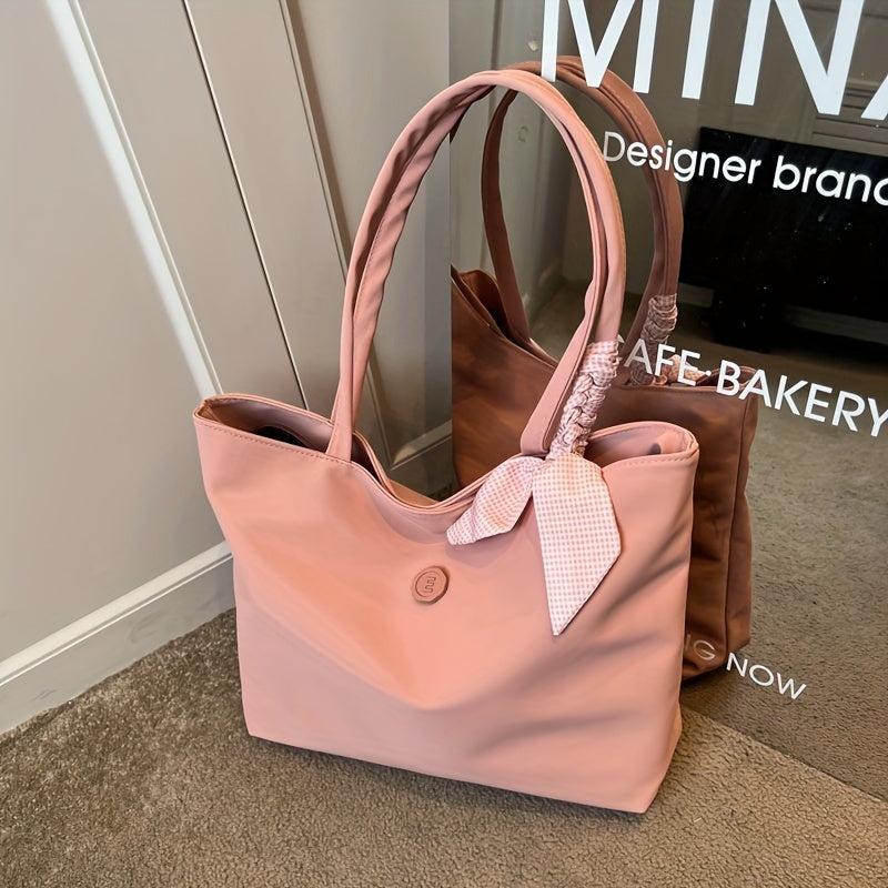 Solid Tote Bag Scarf Decor Shoulder Bag Casual Handbag for Work & Travel