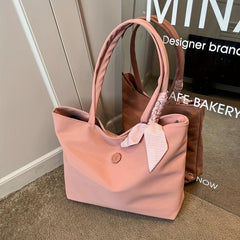 Solid Tote Bag Scarf Decor Shoulder Bag Casual Handbag for Work & Travel