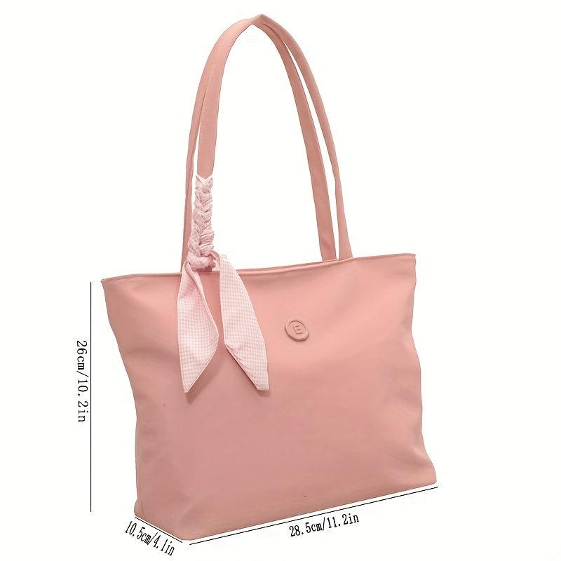 Solid Tote Bag Scarf Decor Shoulder Bag Casual Handbag for Work & Travel