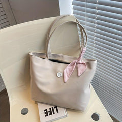 Solid Tote Bag Scarf Decor Shoulder Bag Casual Handbag for Work & Travel