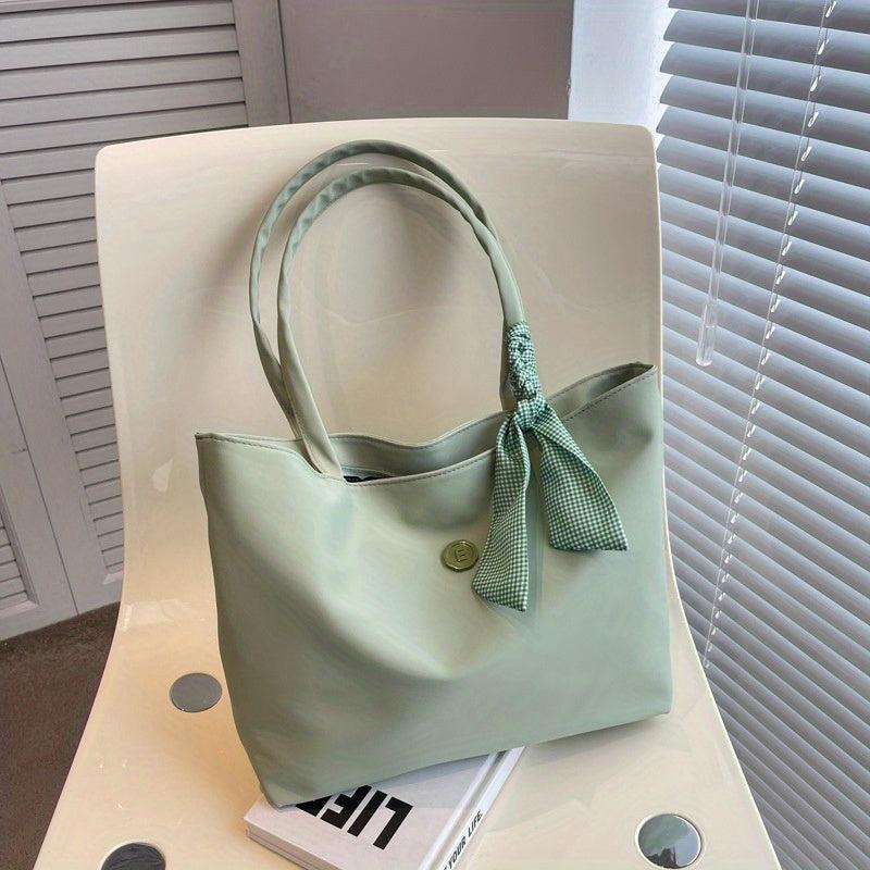 Solid Tote Bag Scarf Decor Shoulder Bag Casual Handbag for Work & Travel