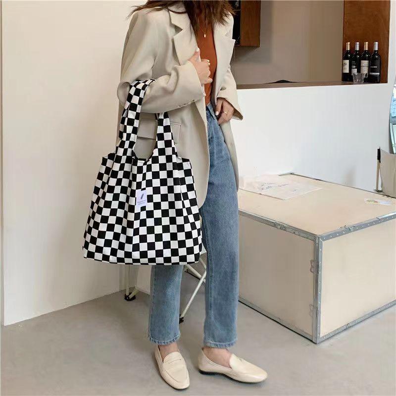 Women's Checkered Tote Bag Large Capacity Shopper Canvas Shoulder Bag