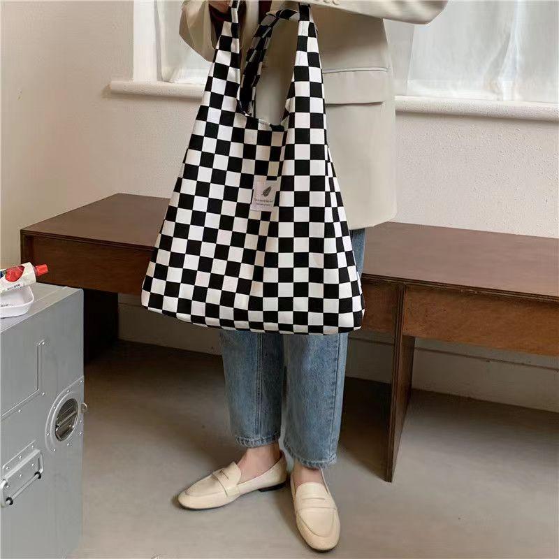 Women's Checkered Tote Bag Large Capacity Shopper Canvas Shoulder Bag