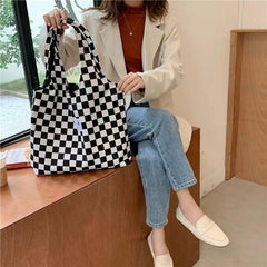 Women's Checkered Tote Bag Large Capacity Shopper Canvas Shoulder Bag