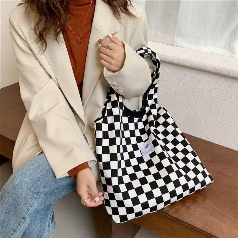 Women's Checkered Tote Bag Large Capacity Shopper Canvas Shoulder Bag