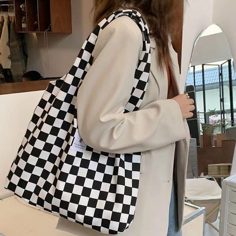 Women's Checkered Tote Bag Large Capacity Shopper Canvas Shoulder Bag