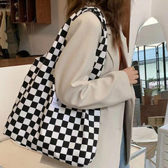 Women's Checkered Tote Bag Large Capacity Shopper Canvas Shoulder Bag