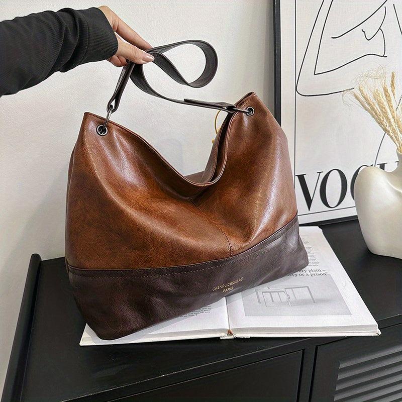 Vintage Contrast Tote Bag Large Capacity Vegan Leather Hobo Bag