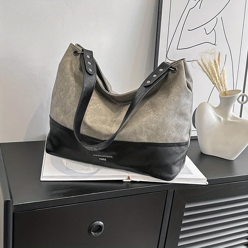 Vintage Contrast Tote Bag Large Capacity Vegan Leather Hobo Bag