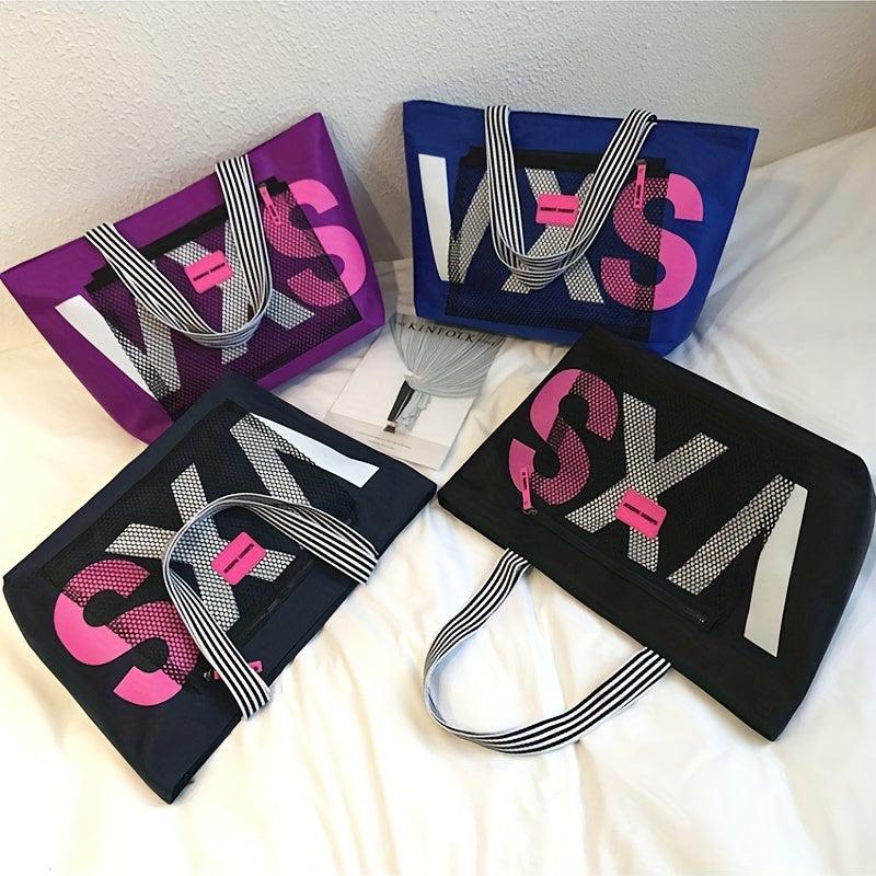 Casual Letter Pattern Tote Bag with Front Mesh Pocket