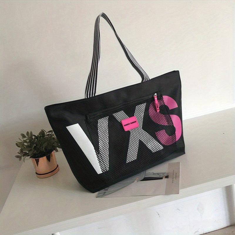 Casual Letter Pattern Tote Bag with Front Mesh Pocket
