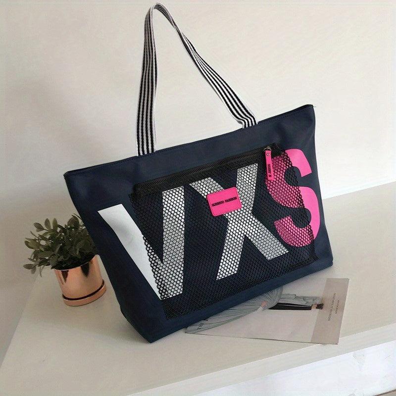 Casual Letter Pattern Tote Bag with Front Mesh Pocket