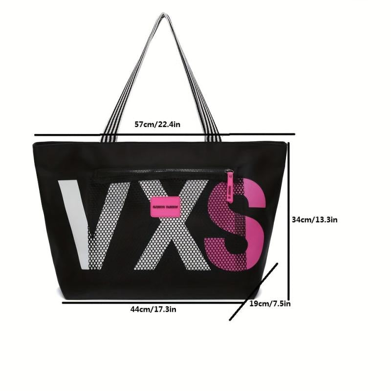 Casual Letter Pattern Tote Bag with Front Mesh Pocket