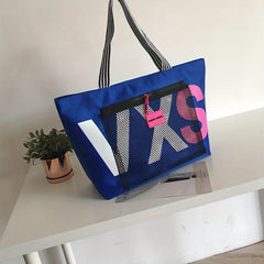 Casual Letter Pattern Tote Bag with Front Mesh Pocket
