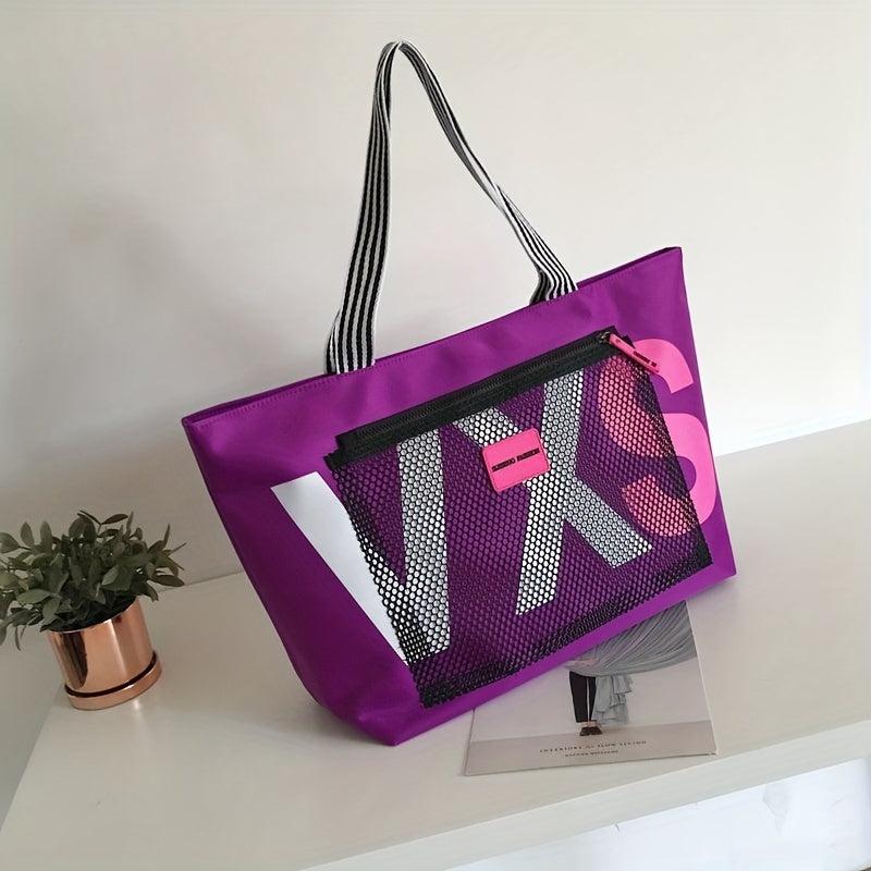 Casual Letter Pattern Tote Bag with Front Mesh Pocket