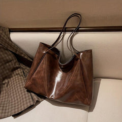 Glossy Retro Casual Tote Bag PU Large Capacity Soft Shoulder Bag