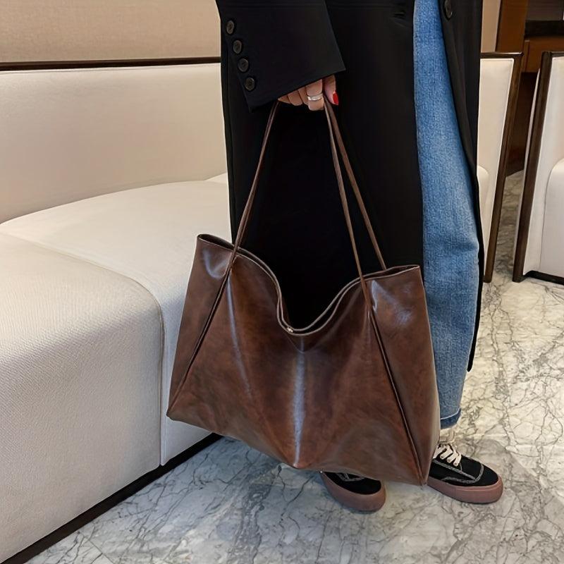 Glossy Retro Casual Tote Bag PU Large Capacity Soft Shoulder Bag