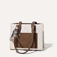 Plaid Embossed Tote Bag Scarf Decor Shoulder Bag Handbags