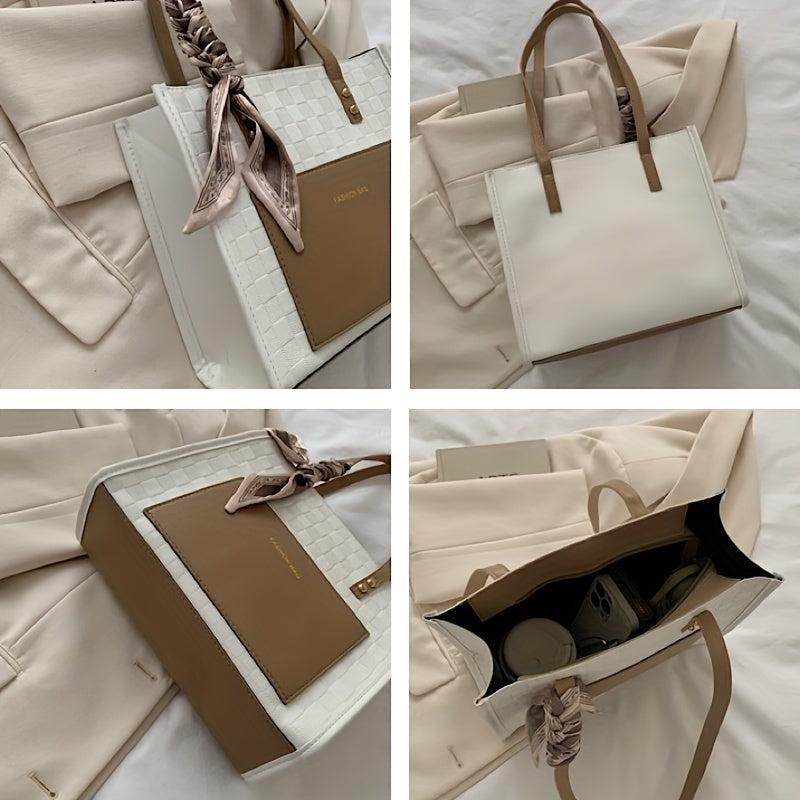 Plaid Embossed Tote Bag Scarf Decor Shoulder Bag Handbags