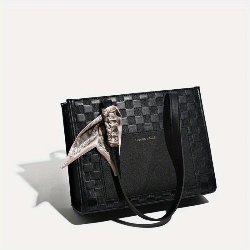 Plaid Embossed Tote Bag Scarf Decor Shoulder Bag Handbags