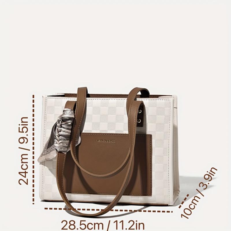 Plaid Embossed Tote Bag Scarf Decor Shoulder Bag Handbags