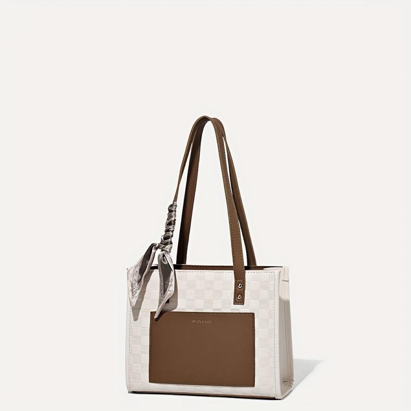 Plaid Embossed Tote Bag Scarf Decor Shoulder Bag Handbags