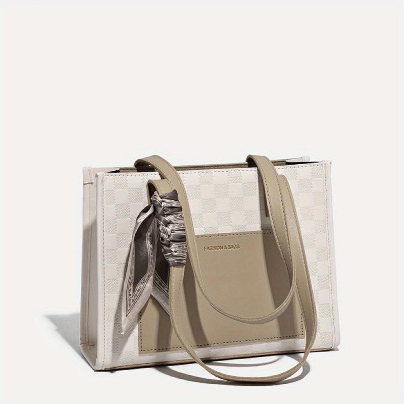 Plaid Embossed Tote Bag Scarf Decor Shoulder Bag Handbags