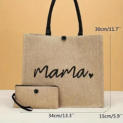 Large Capacity Canvas Tote Bag With Wristlet Purse