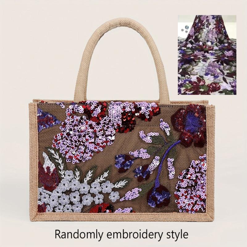 Sequins Decor Satchel Tote Bag Stylish Burlap Shoulder Bag For Party