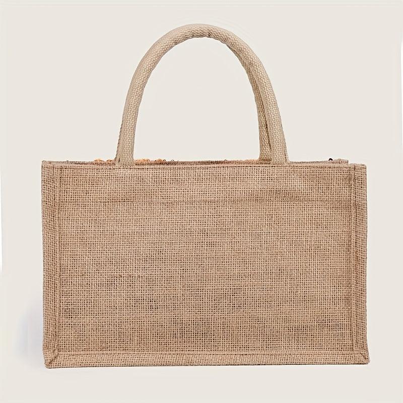 Sequins Decor Satchel Tote Bag Stylish Burlap Shoulder Bag For Party