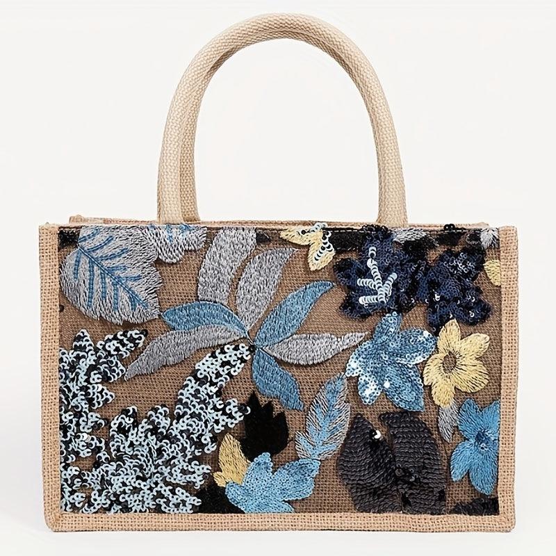 Sequins Decor Satchel Tote Bag Stylish Burlap Shoulder Bag For Party