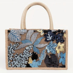 Sequins Decor Satchel Tote Bag Stylish Burlap Shoulder Bag For Party