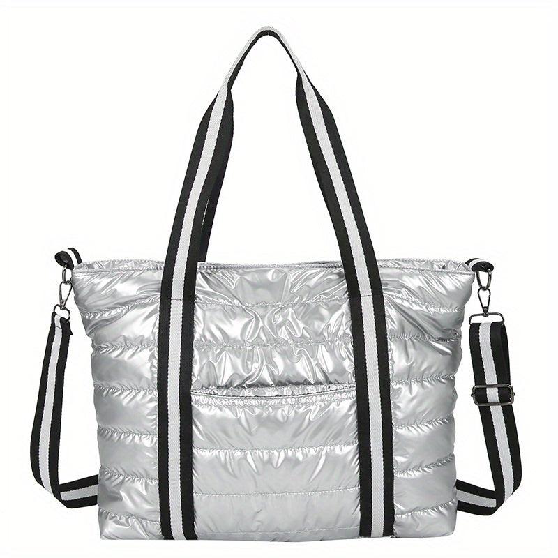 Puffer Quilted Tote Bag Women Striped Strap Shoulder Bag Large Capacity