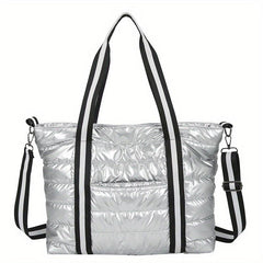 Puffer Quilted Tote Bag Women Striped Strap Shoulder Bag Large Capacity