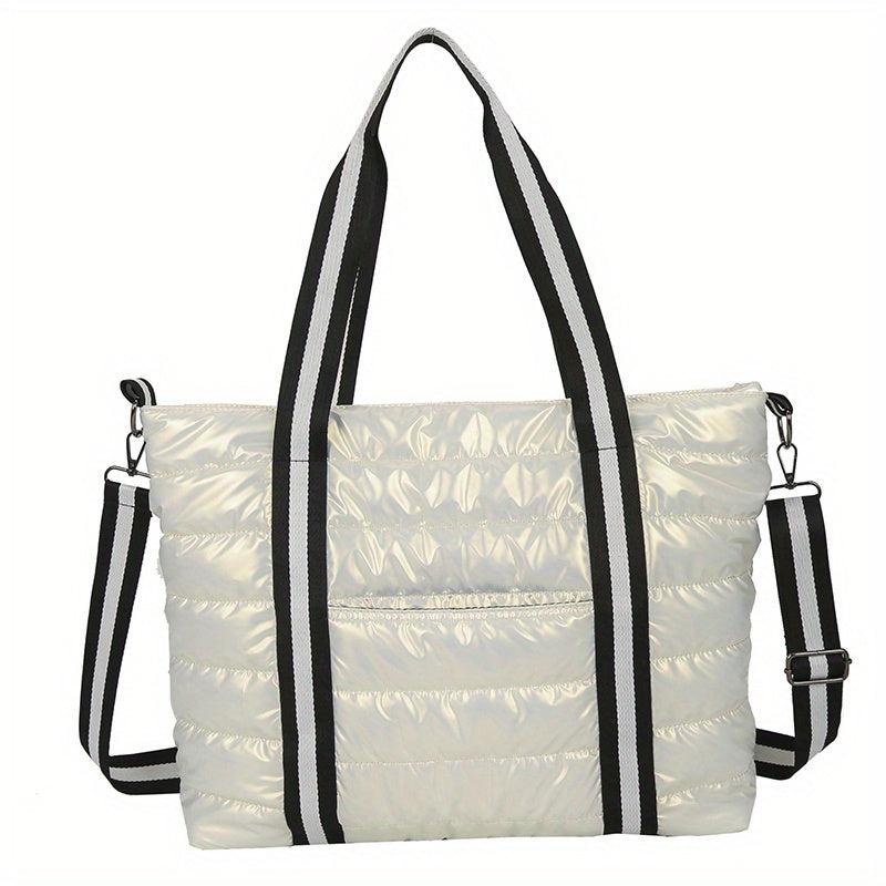 Puffer Quilted Tote Bag Women Striped Strap Shoulder Bag Large Capacity