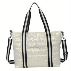 Puffer Quilted Tote Bag Women Striped Strap Shoulder Bag Large Capacity