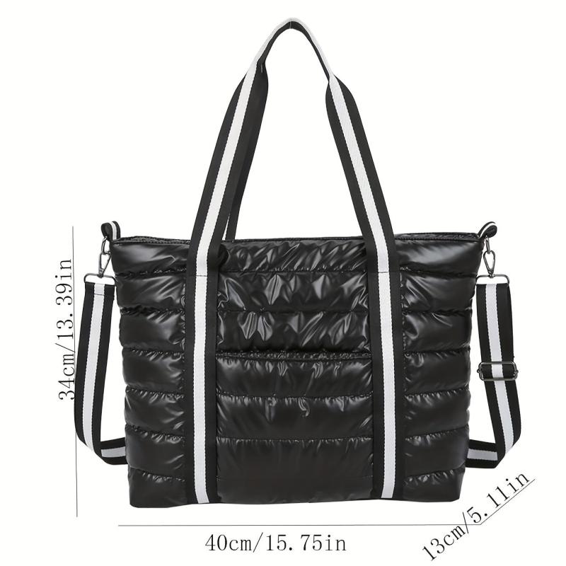 Puffer Quilted Tote Bag Women Striped Strap Shoulder Bag Large Capacity