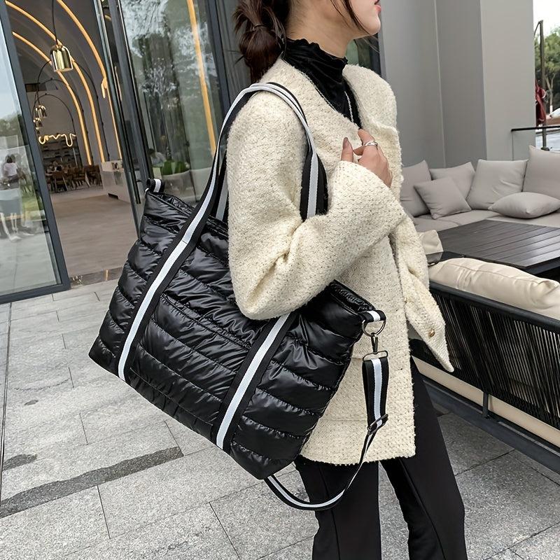 Puffer Quilted Tote Bag Women Striped Strap Shoulder Bag Large Capacity