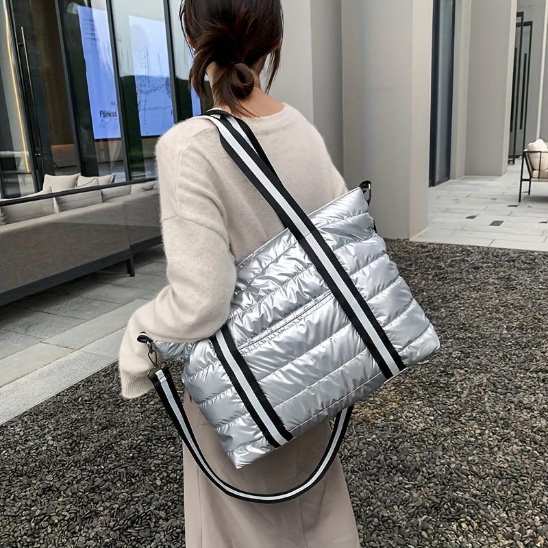 Puffer Quilted Tote Bag Women Striped Strap Shoulder Bag Large Capacity